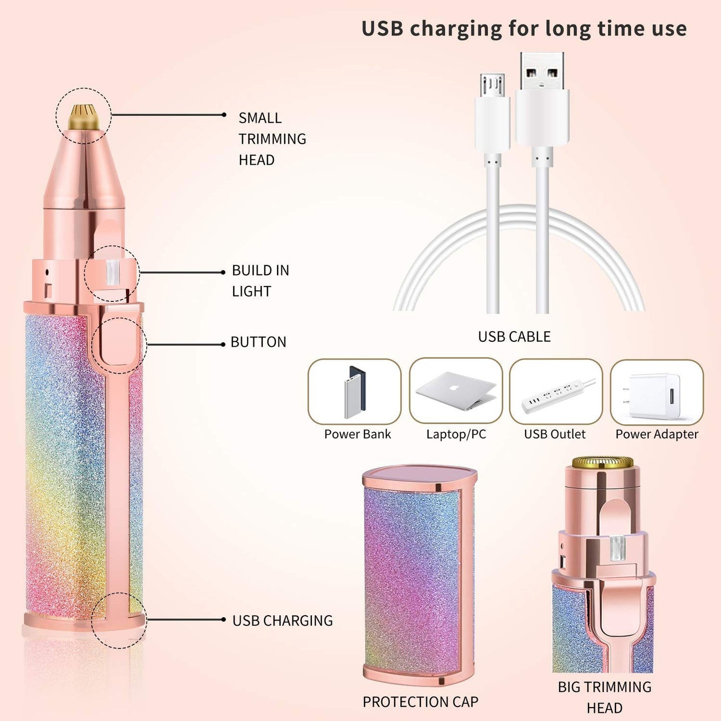 Flawless 2 In 1 Eyebrow Trimmer Multi Attractive Color With USB Charging Cable And Cleaning Brush