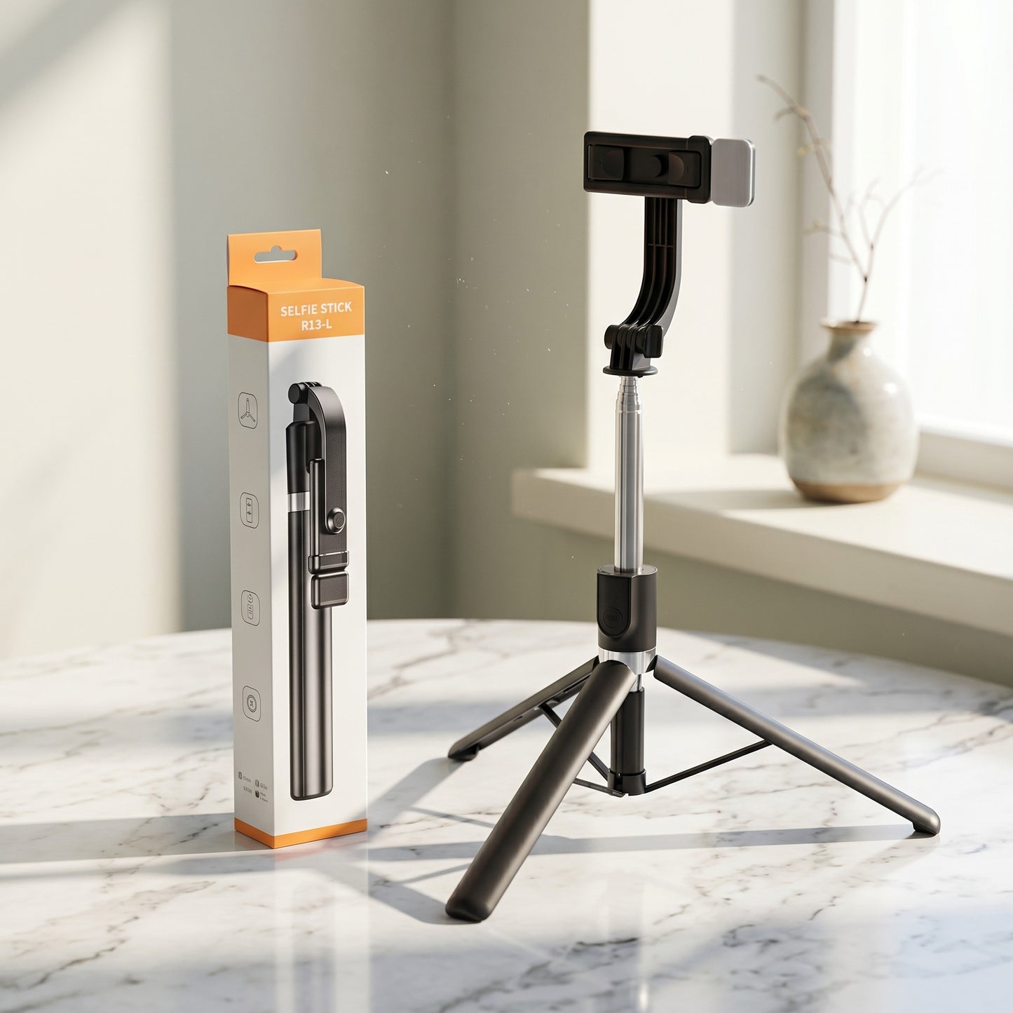 In 1 R1SL Selfie Stick Featuring A Bluetooth Remote, Tripod Stand, Light And Retractable Mobile Holder