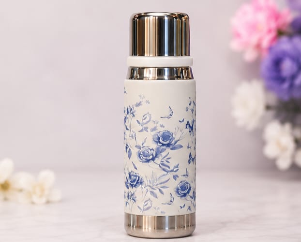 Premium Stainless Steel Water Bottle – Elegant Floral Print Design | Double Wall Insulated | Hot & Cold Flask (Random Color) - 550ml