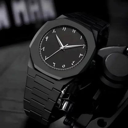 Black Minimalist Analog Wrist Aura Watch With Stainless Steel Strap And Butterfly Lock