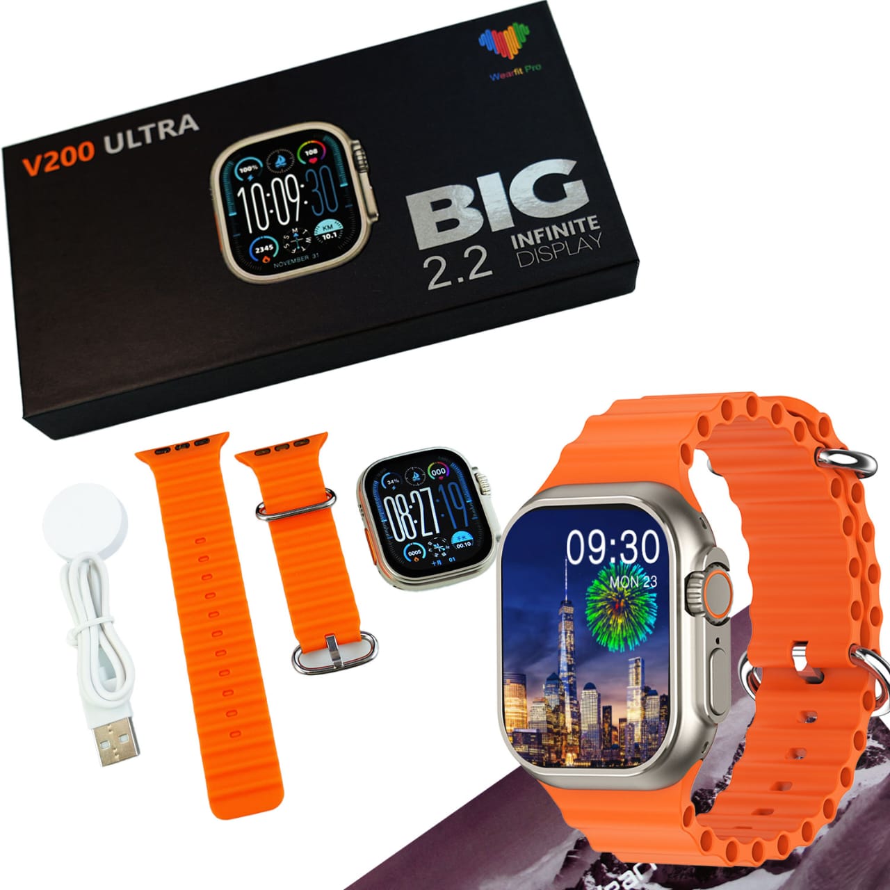 V200 Ultra 2.2" Smart Watch with Wearfit Pro App – IP68 Waterproof Sport Fitness Watch (Orange)