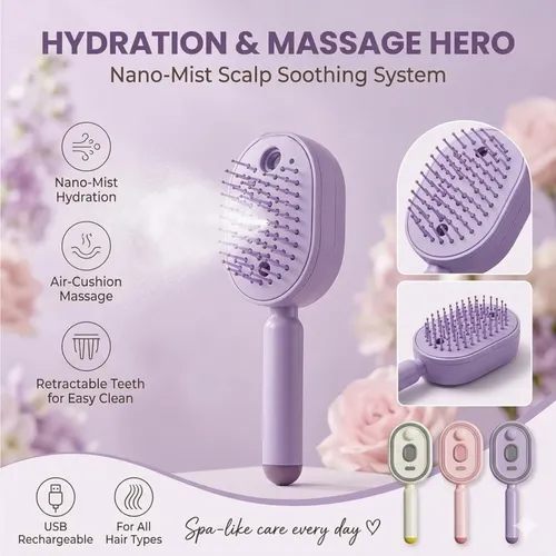 Electric Nano Mist Hair Brush – USB-C Rechargeable Retractable Air Cushion Comb for Detangling, Smoothing &amp; Hair Hydration