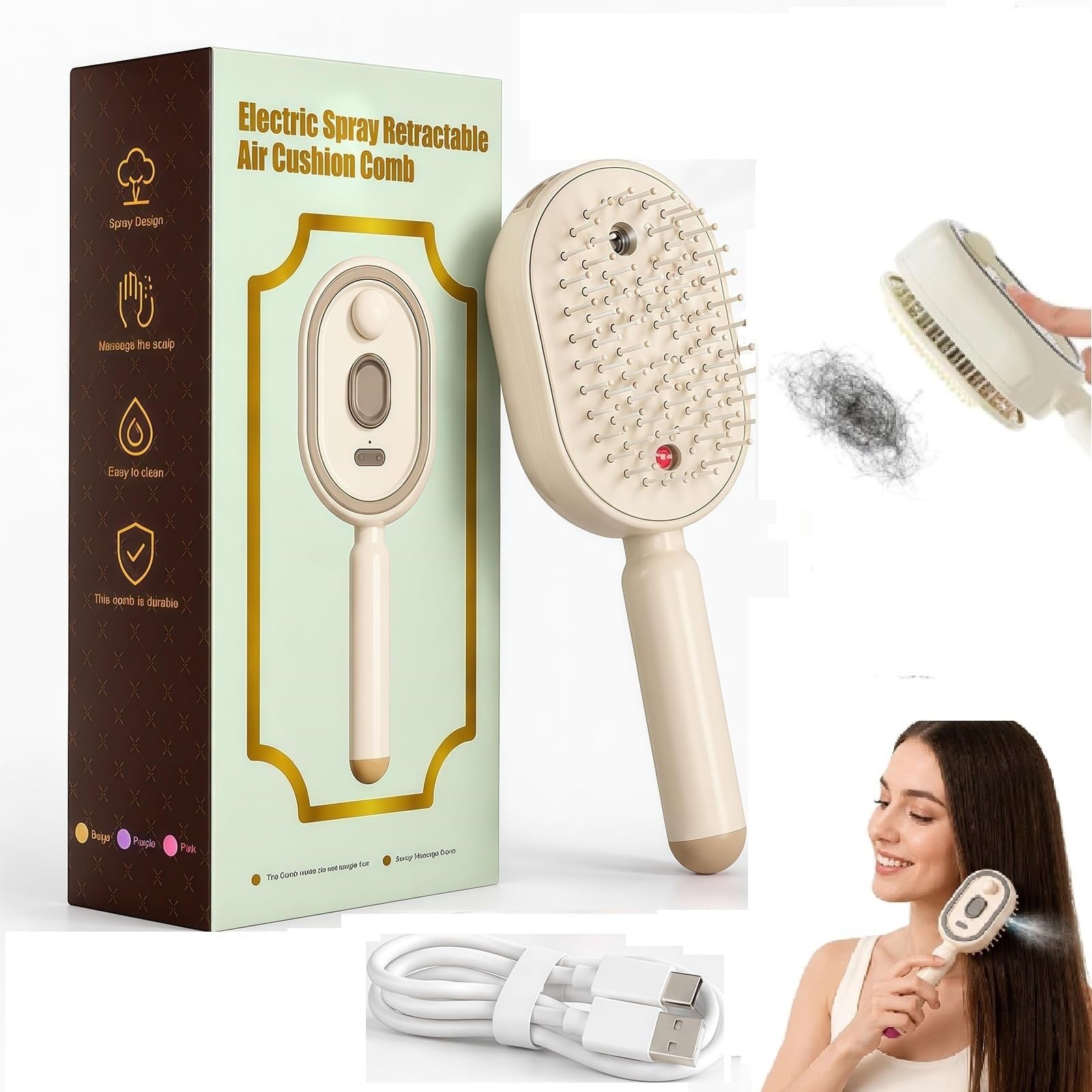 Electric Nano Mist Hair Brush – USB-C Rechargeable Retractable Air Cushion Comb for Detangling, Smoothing &amp; Hair Hydration